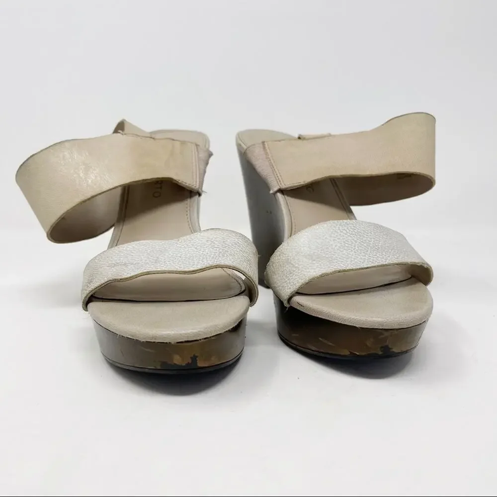 Franco Sarto Womens Size 6.5 Georgette Leather Wedge Sandal Heels Cream Bown